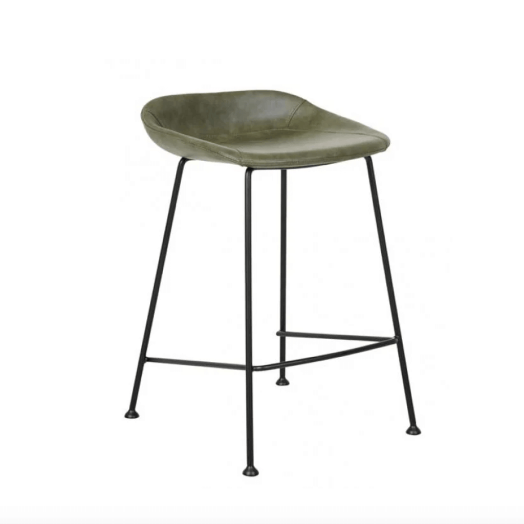 Tabouret de bar vintage mi-siècle en cuir vert avec dossier incurvé pour cuisine