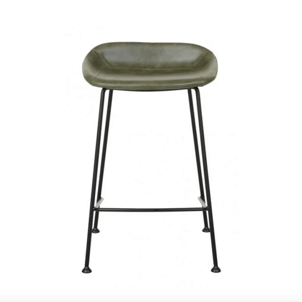 Tabouret de bar vintage mi-siècle en cuir vert avec dossier incurvé pour cuisine